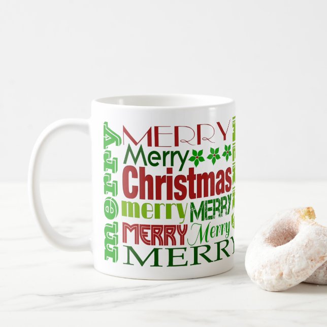 Red & Green Merry Christmas Typography Holiday Mug (With Donut)