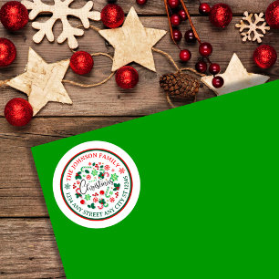 Red Green Merry Christmas Wreath Return Address Classic Round Sticker
