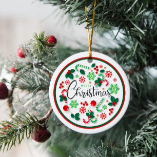 Red Green Merry Christmas Wreath Round Ceramic Tree Decoration