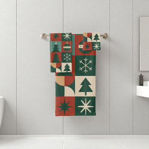 Red Green Mid Century Modern Checkered Holiday Bath Towel Set