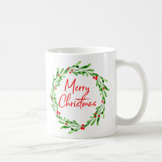 Red Green Minimal Christmas Wreath Watercolor Coffee Mug
