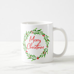 Red Green Minimal Christmas Wreath Watercolor Coffee Mug