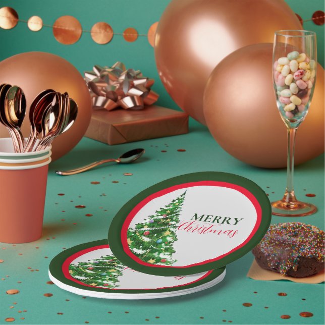 Red Green Minimalist Merry Christmas Party Paper Plate (Multi)