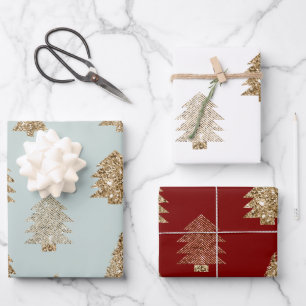 Red Green Mint Gold Glitter Glam Christmas Trees Wrapping Paper Sheet