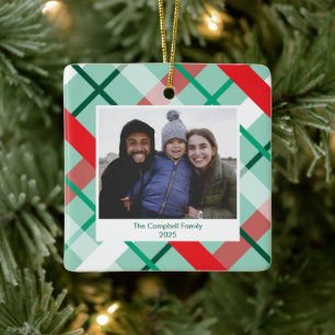 Red Green Mint Plaid Christmas Photo Ornament