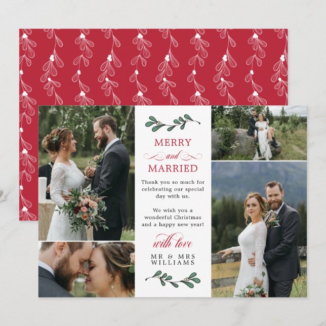 Red Green Mistletoe Merry Married Christmas Thank You Card (Front/Back)