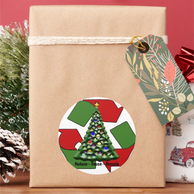 Red Green Mobius Recycle Symbol Custom Christmas  Classic Round Sticker (Holiday)