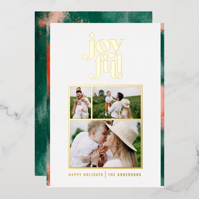 Red + green modern abstract joyful 3 photo  foil h foil holiday card (Front/Back)