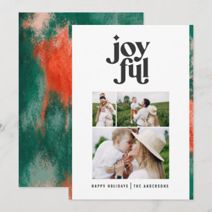 Red + green modern abstract joyful 3 photo holiday card