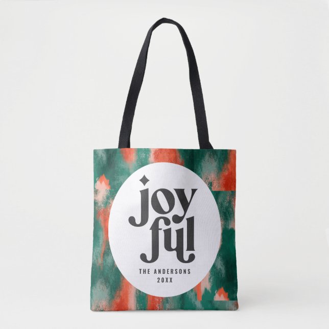 Red + green modern abstract joyful holiday tote bag (Front)