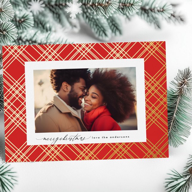 Red Green Modern Calligraphy Christmas Gold Plaid Foil Holiday Card (Creator Uploaded)
