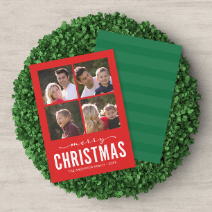 Red Green Modern Merry Christmas Photo Collage Holiday Card