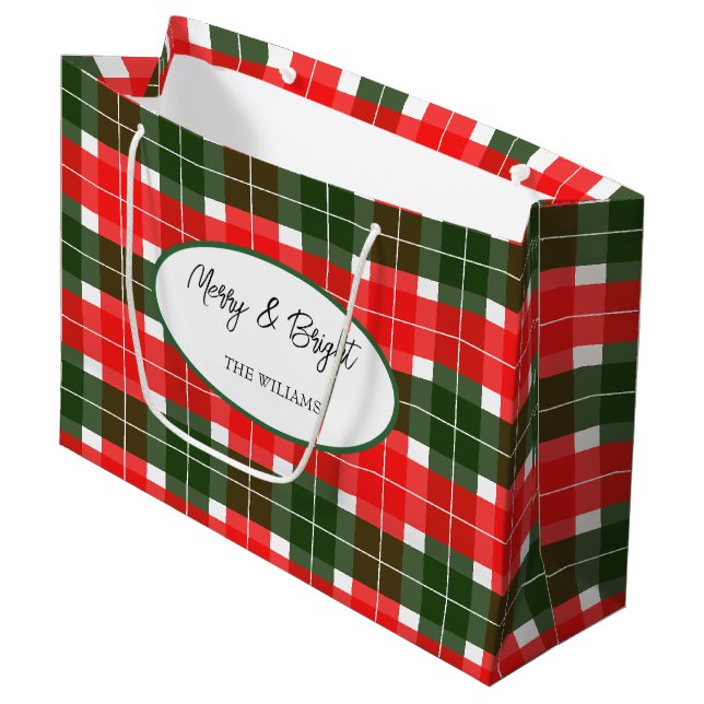 Red Green Modern Tartan Christmas Pattern Large Gift Bag (Front Angled)