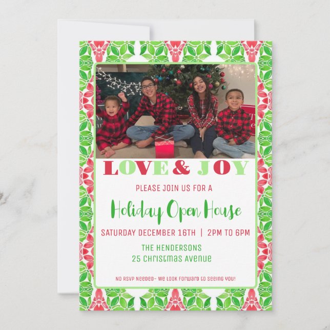 Red & Green Mosaic Holiday Open House Invitation (Front)