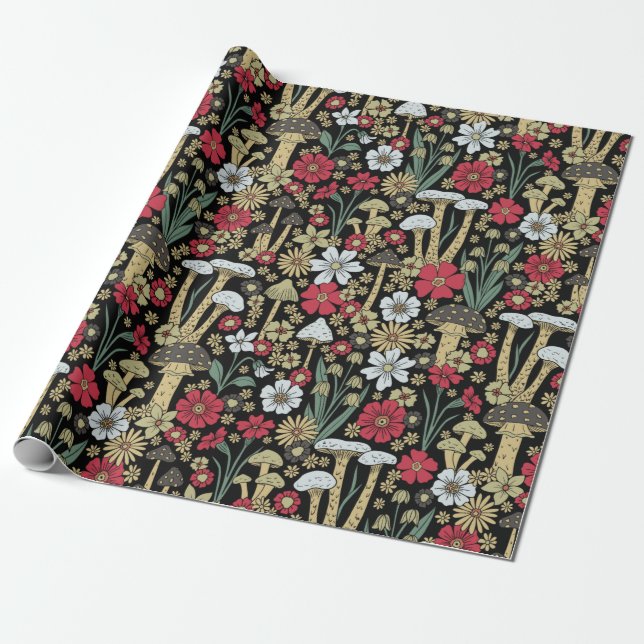 Red & Green Mushrooms & Flowers Wrapping Paper (Unrolled)