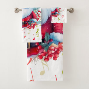 Red Green Music Notes and Santa Claus Bath Towel Set