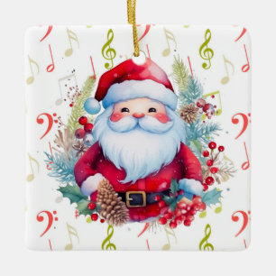 Red Green Music Notes and Santa Claus Ceramic Ornament