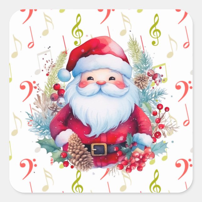 Red Green Music Notes and Santa Claus Square Sticker (Front)