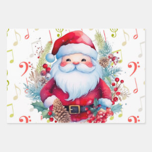 Red Green Music Notes and Santa Claus Wrapping Paper Sheet