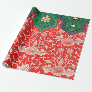 Red & Green Mystic Lotus Asian Abstract Wrapping Paper