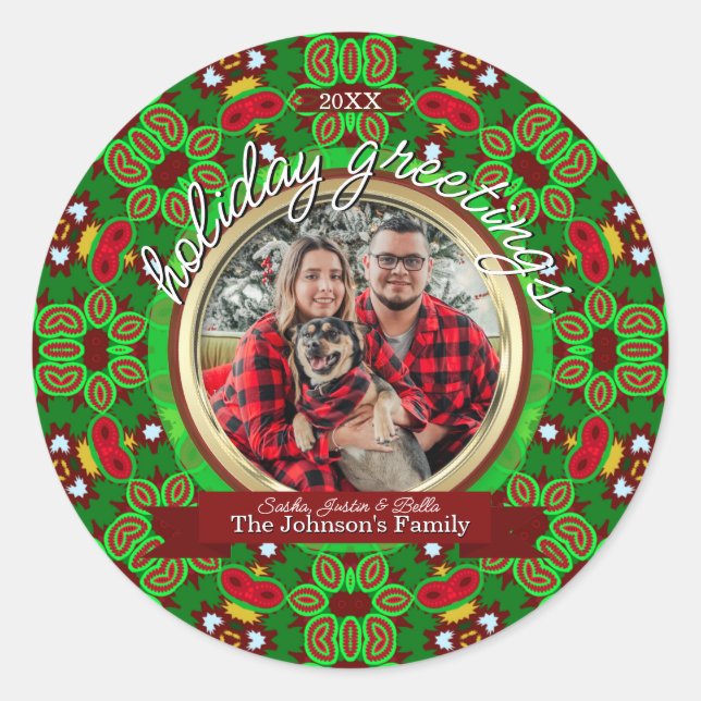 Red Green Natal Holiday Energy Custom Photo Classic Round Sticker (Front)