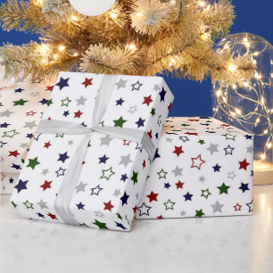 Red Green Navy Grey and White Stars Wrapping Paper