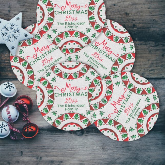 Red Green Nordic Folk Motifs On Linen Christmas Classic Round Sticker (Creator Uploaded)