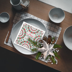 Red Green Nordic Folk Motifs On Linen Christmas Napkin