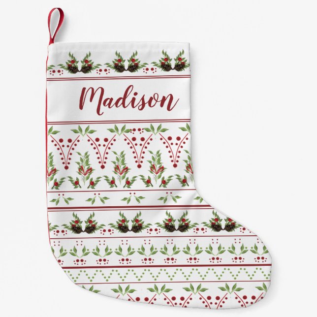 Red Green Nordic Pinecone Pattern Custom Small Christmas Stocking (Front)