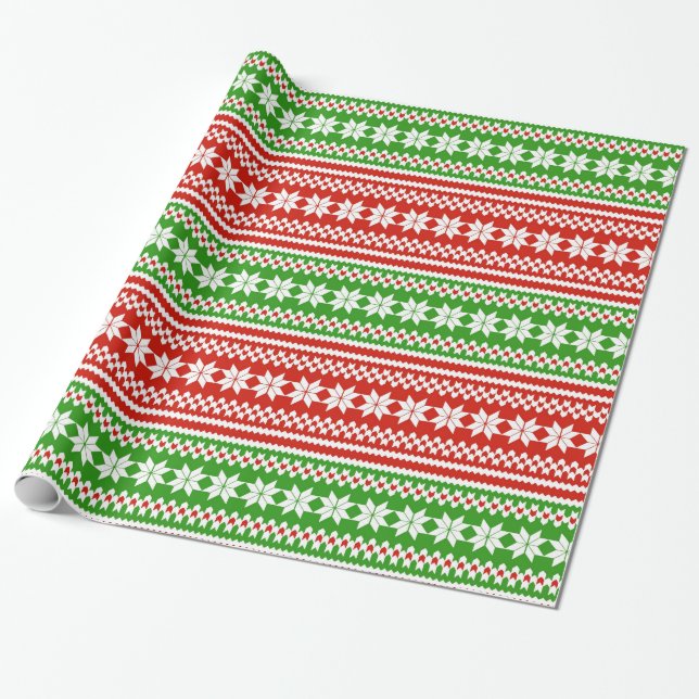 Red Green Norwegian Christmas Sweater Pattern Wrapping Paper (Unrolled)