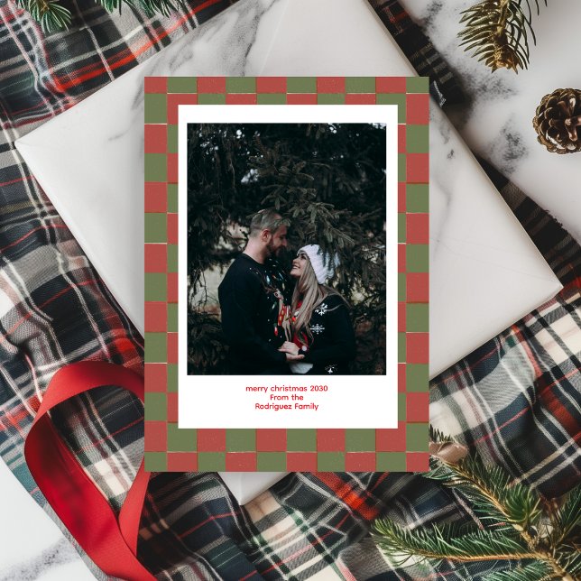 Red Green Nostalgic Chequerboard Merry Christmas Invitation (Creator Uploaded)