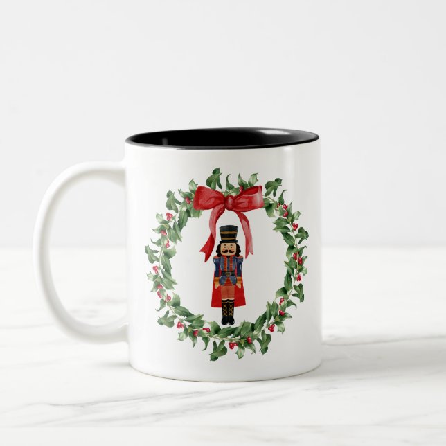 Red & Green Nutcracker Red Bow Wreath Holiday Mug (Left)