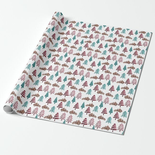 Red & Green Old Truck Christmas Tree Delivery Wrapping Paper (Unrolled)