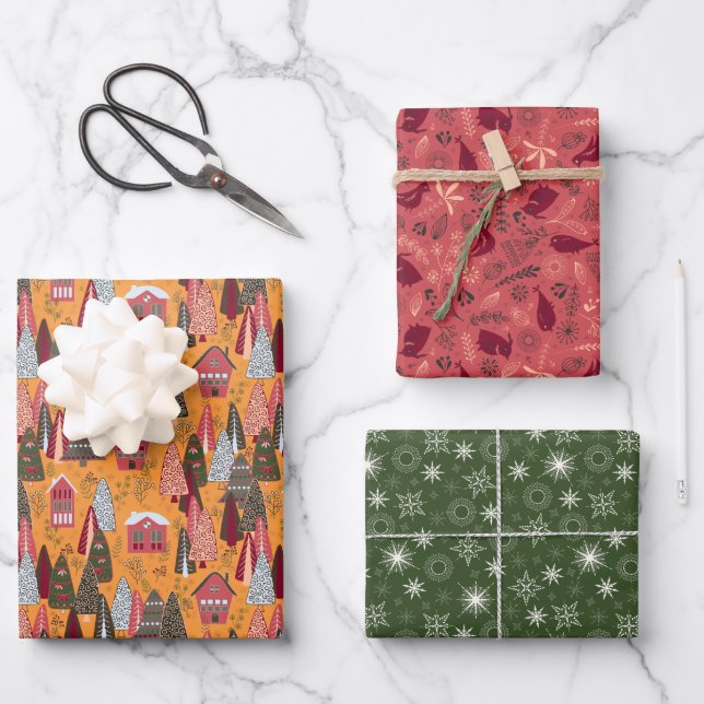 Red Green Orange Christmas Forest Village Wrapping Paper Sheet (Front)