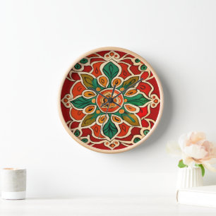 Red Green Orange Yellow Azulejos Floral Pattern Clock