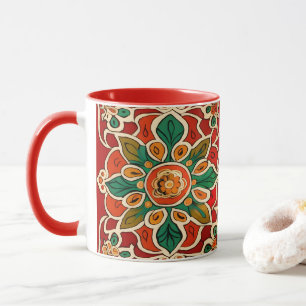 Red Green Orange Yellow Azulejos Floral Pattern Mug