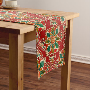 Red Green Orange Yellow Azulejos Floral Pattern Short Table Runner