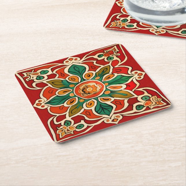 Red Green Orange Yellow Azulejos Floral Pattern Square Paper Coaster (Angled)