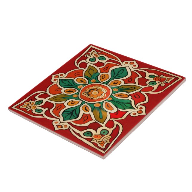 Red Green Orange Yellow Azulejos Floral Pattern Tile (Side)