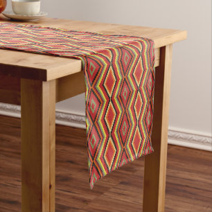 Red Green Orange Yellow Black Tribal Art Pattern Short Table Runner