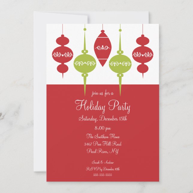 Red & Green Ornaments Holiday Party Invitation (Front)
