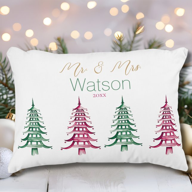 Red green Pagoda Christmas Tree Mr. and Mrs. Decorative Cushion (Red green Pagoda Christmas Tree Mr. and Mrs. Accent Pillow)