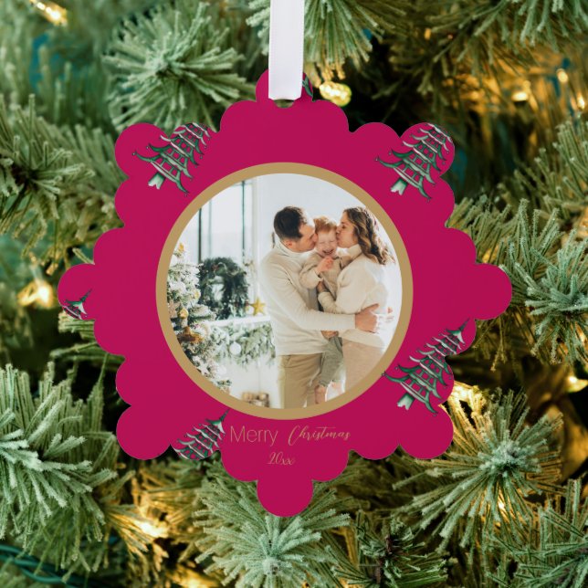 Red Green Pagoda Merry Christmas Tree 2-Photo Tree Decoration Card (Insitu (Tree))