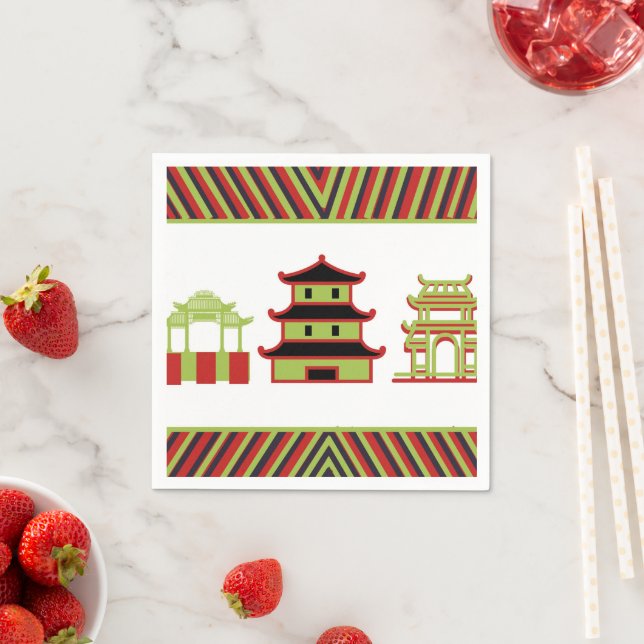Red Green Pagoda Stripe Chinese Napkin (Insitu)