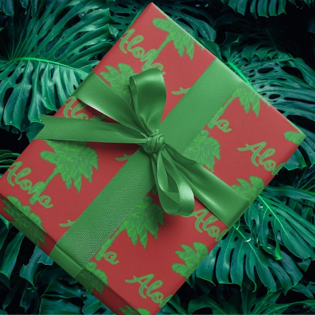 Red Green Palm Aloha Tropical Holiday Wrapping Paper (Red and green tropical gift wrap)