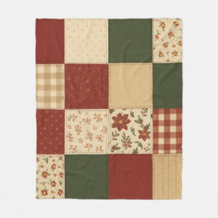 Red Green Patchwork Quilt Rustic Farmhouse Floral  Fleece Blanket