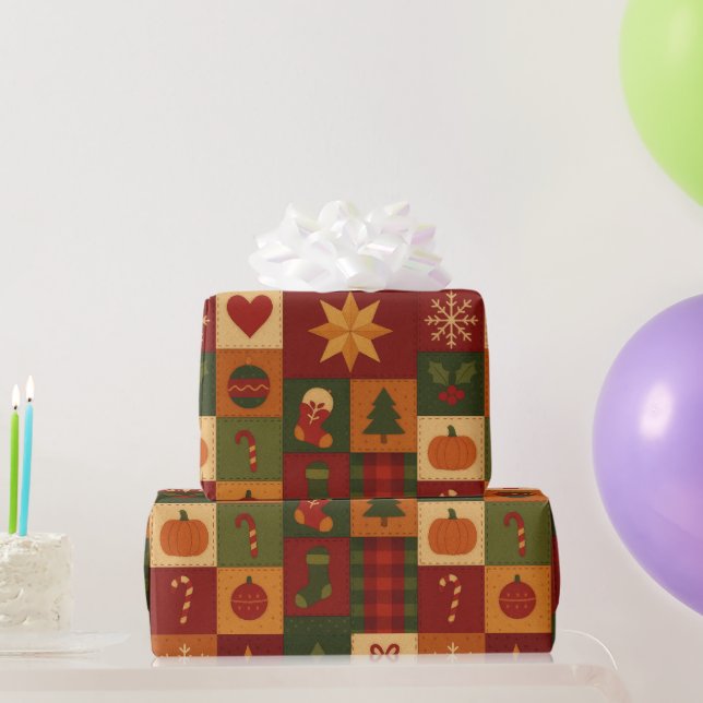 Red Green Patchwork Quilt Rustic Farmhouse Floral Wrapping Paper (Party Gifts)