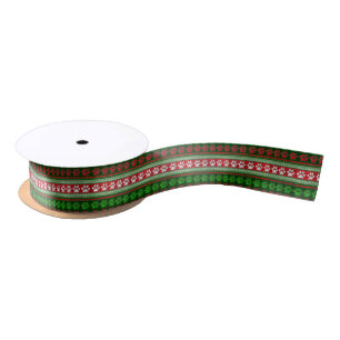 Red green paw print pattern holiday ribbon satin ribbon