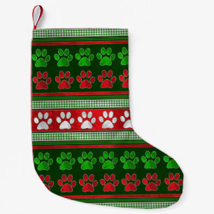 Red green paw print pattern holiday stocking