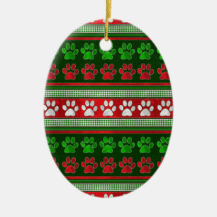 Red green paw print pattern oval ornament